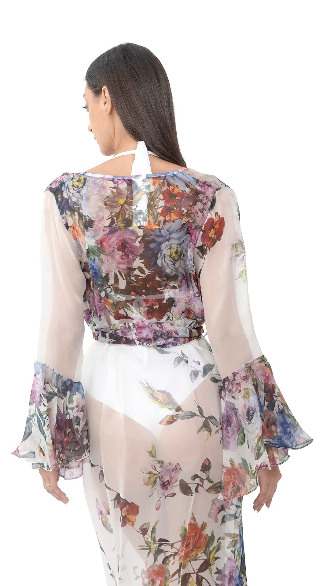 White Flower Organza Long Robe with Long Sleeves