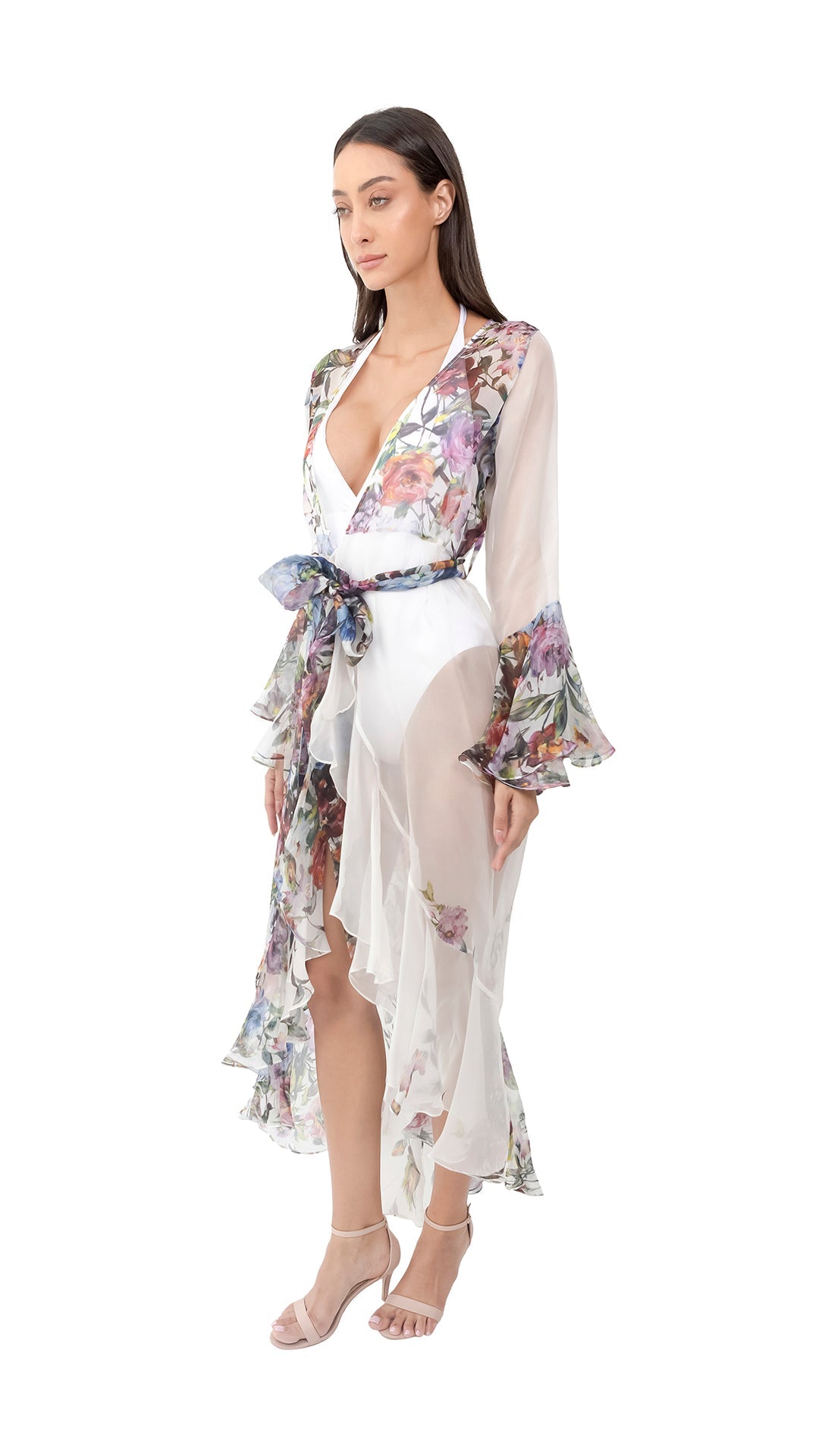 White Flower Organza Long Robe with Long Sleeves