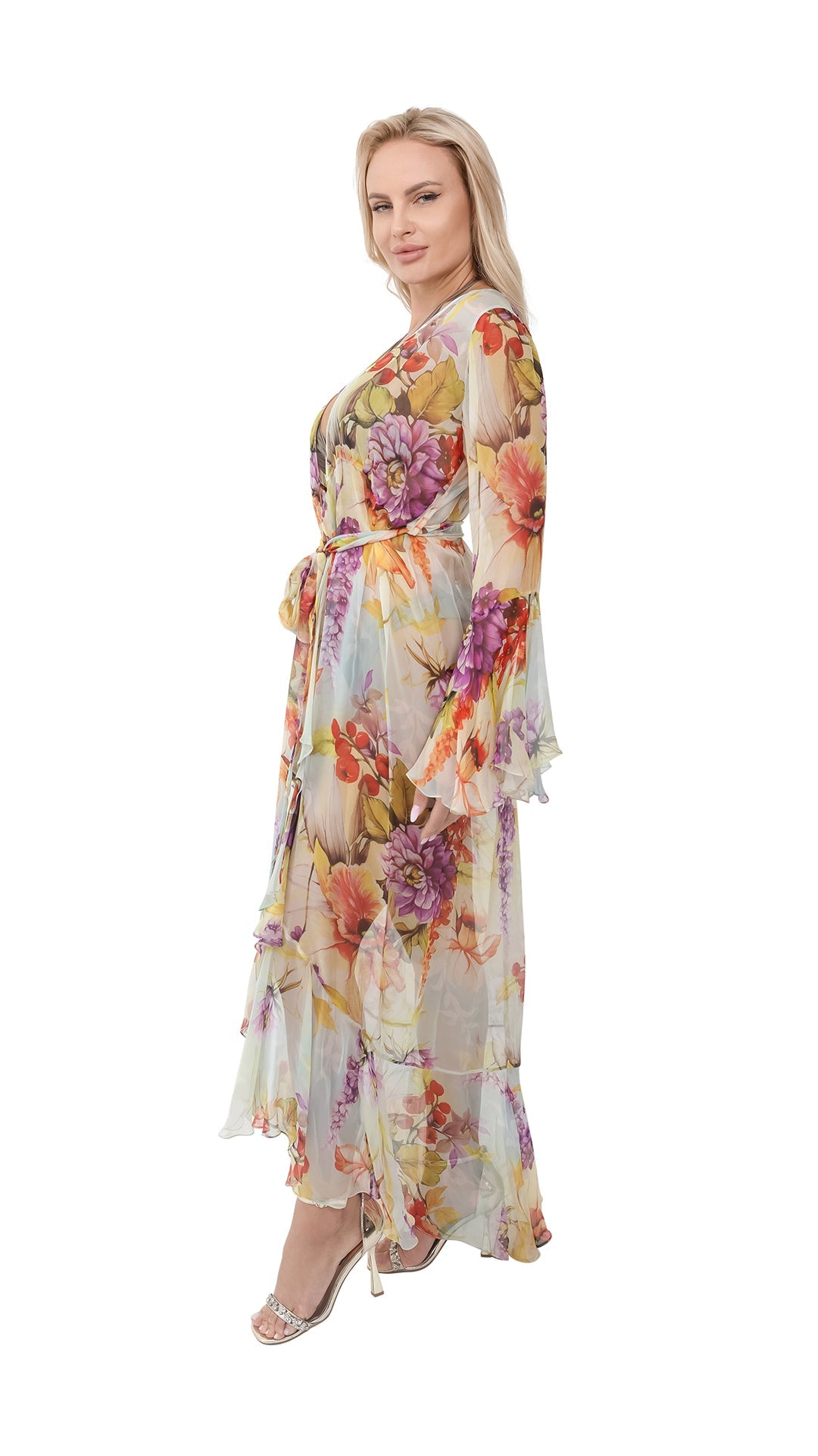 Yellow Flower Long Chiffon Coverup with Long Sleeves