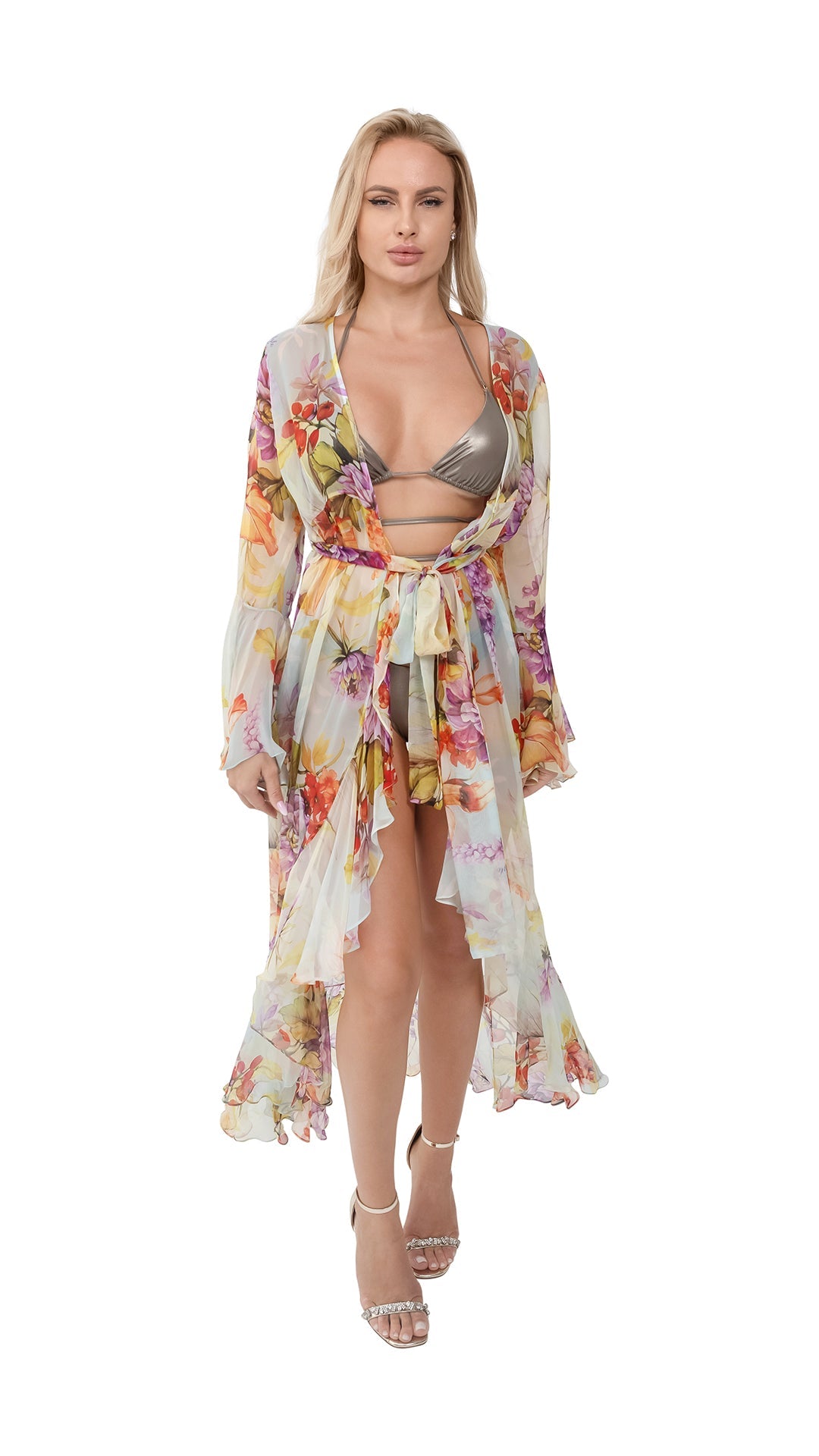 Yellow Flower Long Chiffon Coverup with Long Sleeves