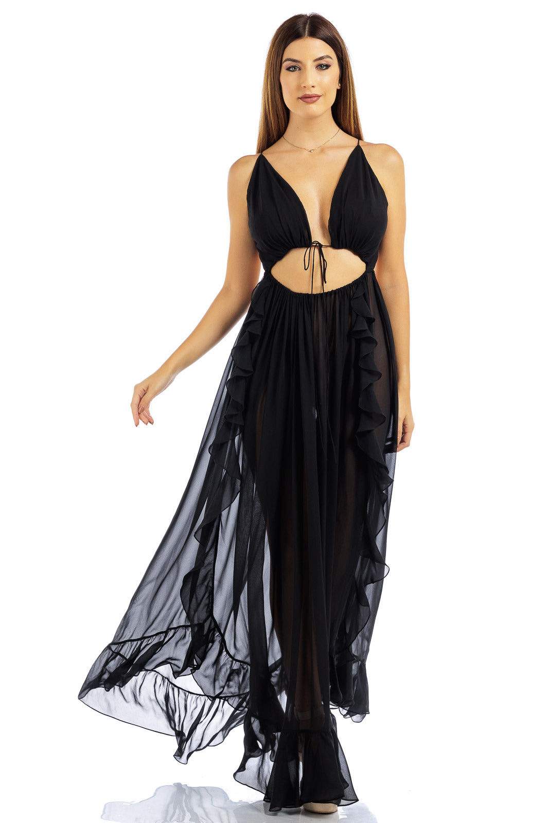 Sexy Hallow Out V-Neck Chiffon Long Maxi Dress