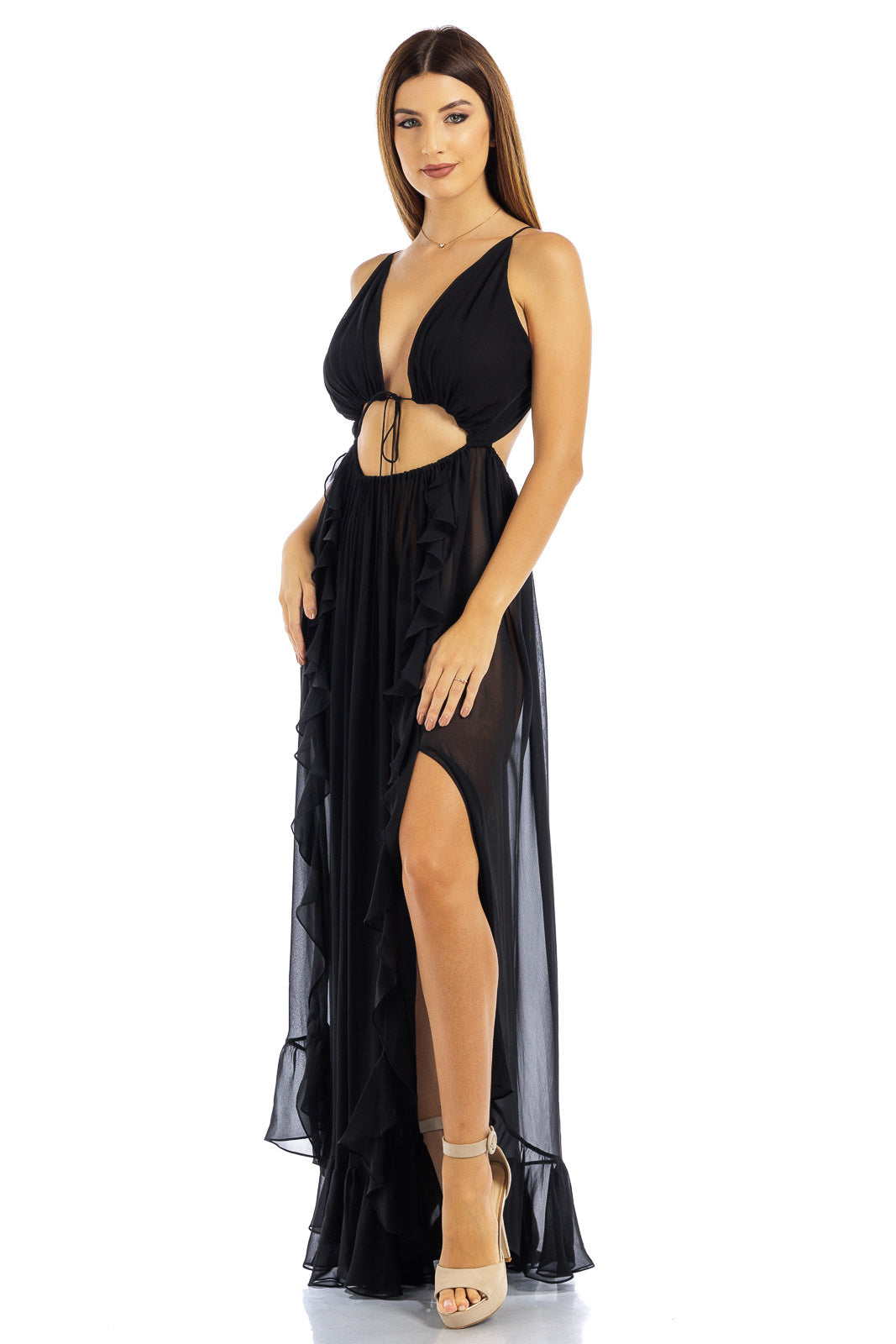 Sexy Hallow Out V-Neck Chiffon Long Maxi Dress