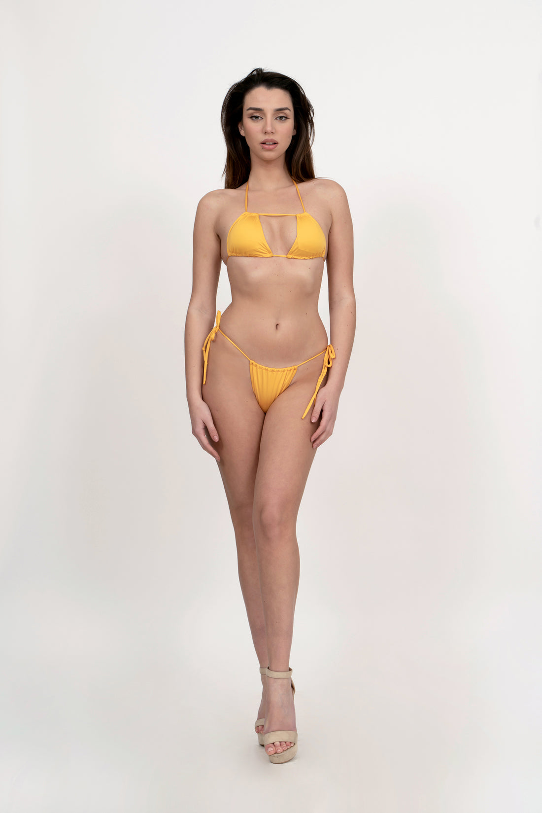 Plain Pleated Bandeau String Bikini