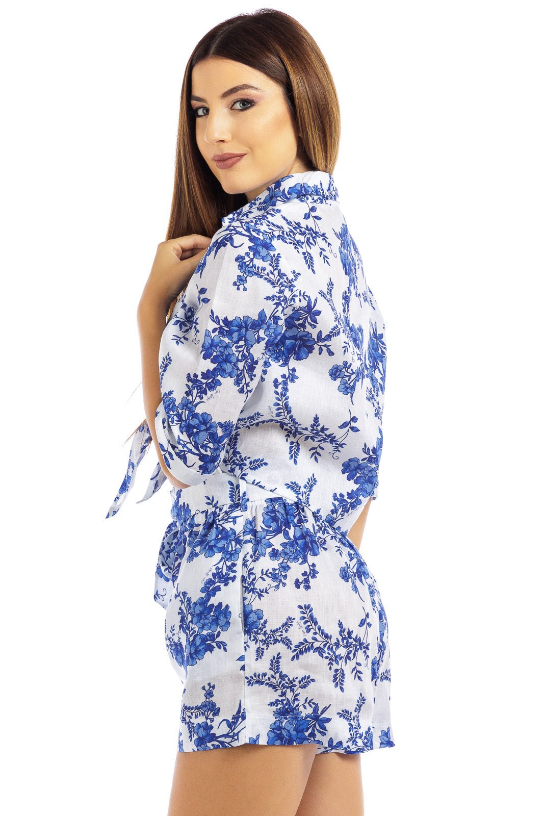 Flowery Linen Belted Cinched Short