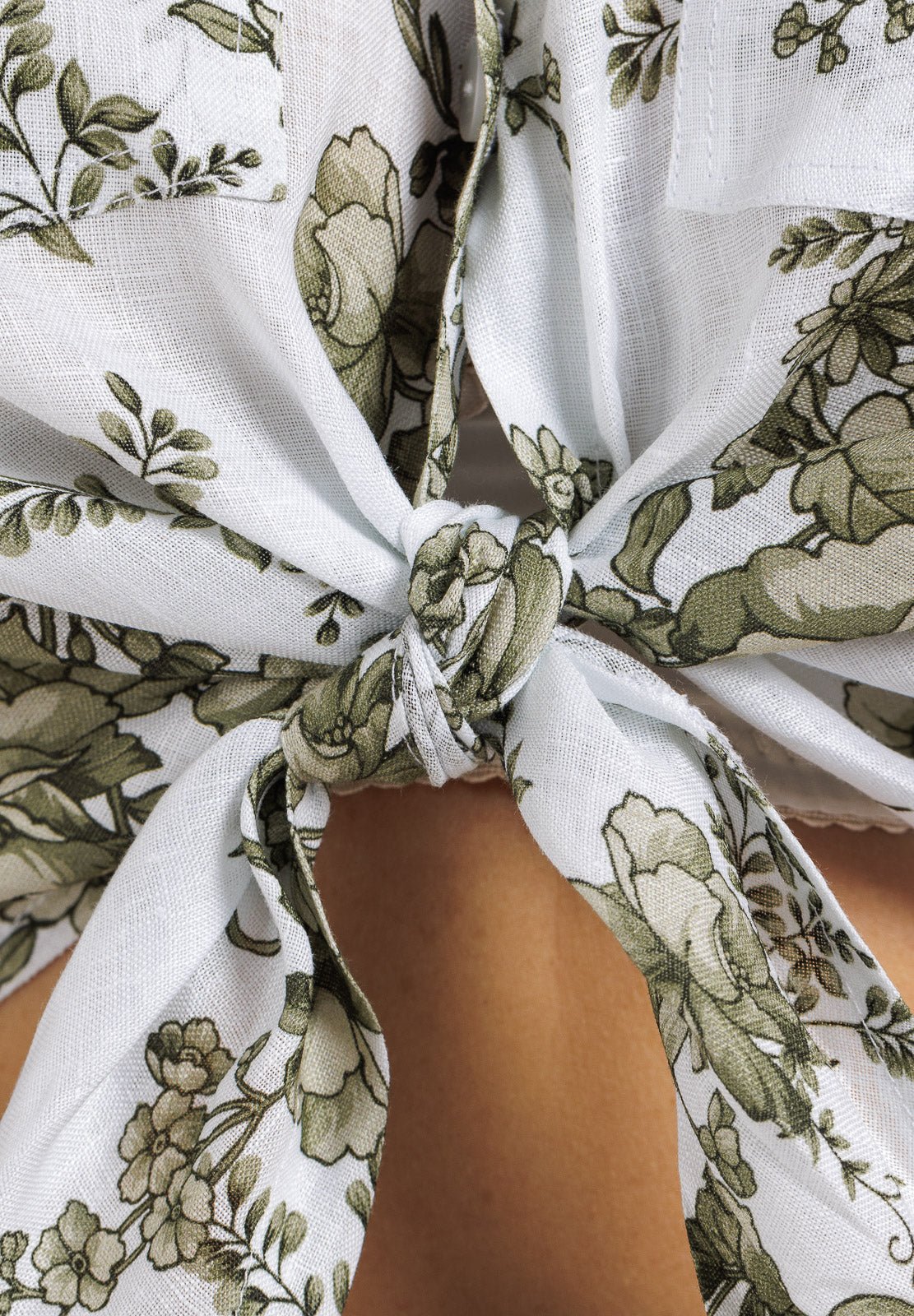 Flowery Linen Tie Front Crop Blouse