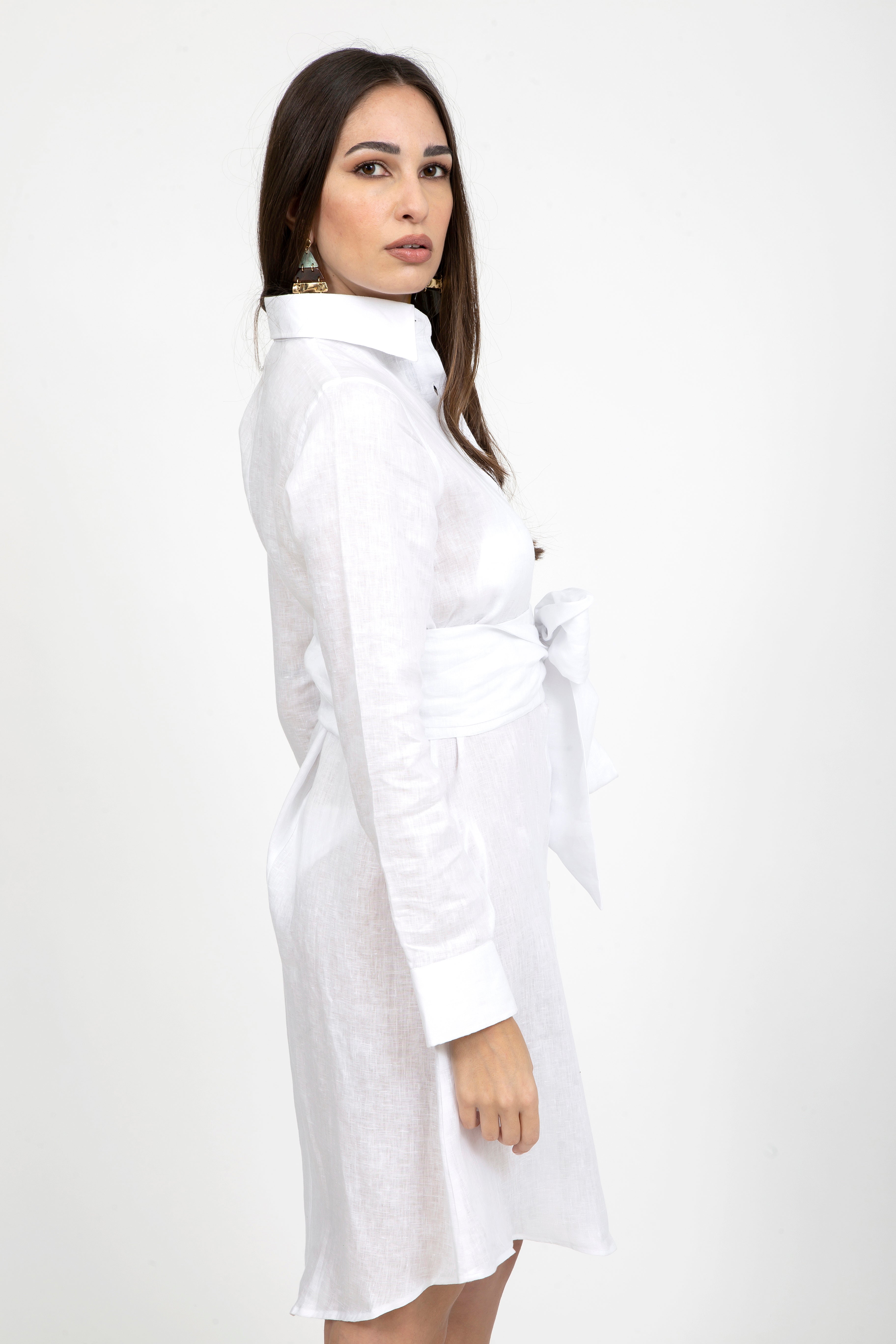 Plain Linen Classic Collar Short Dress