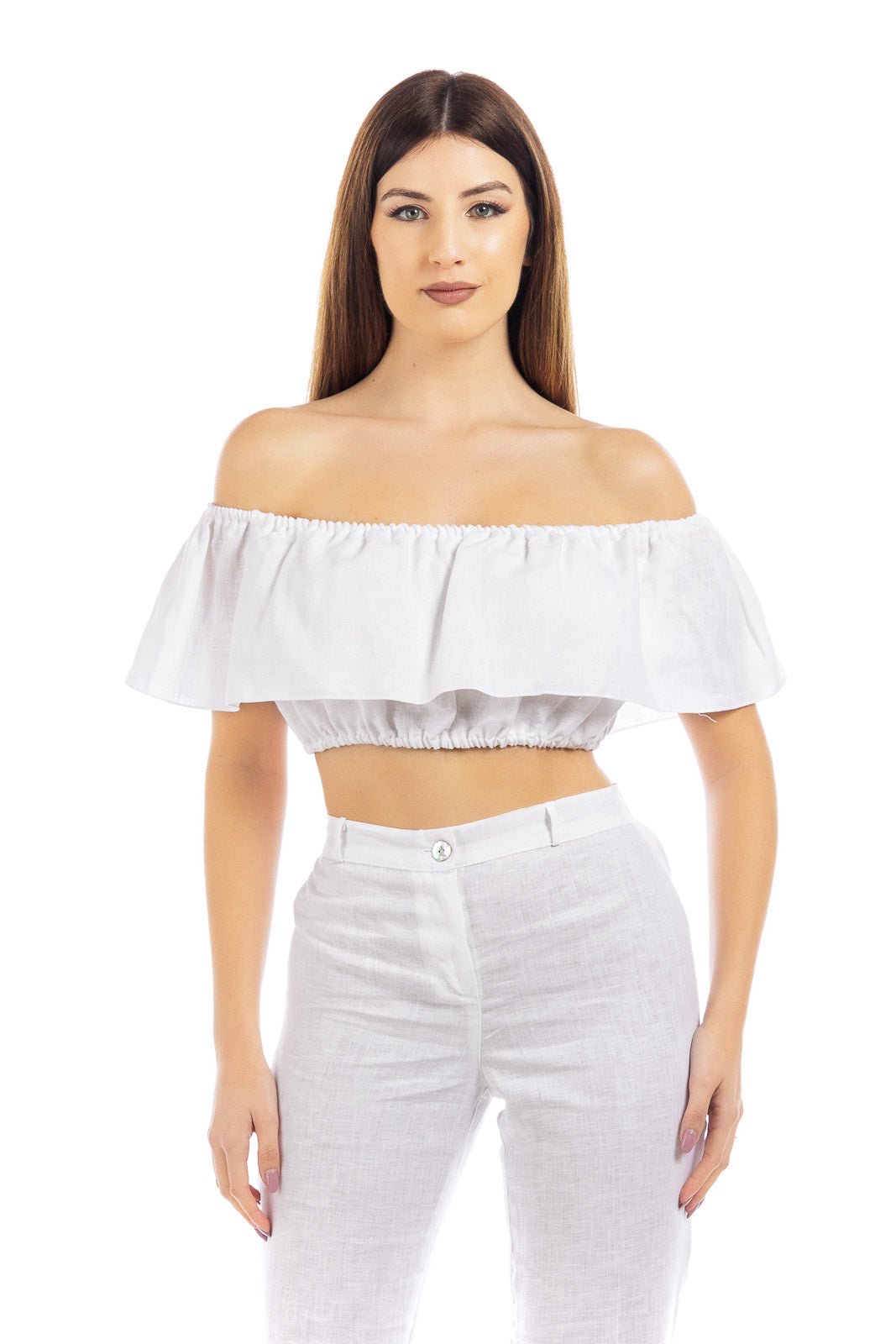 Plain Linen Off-Shoulder Crop Top