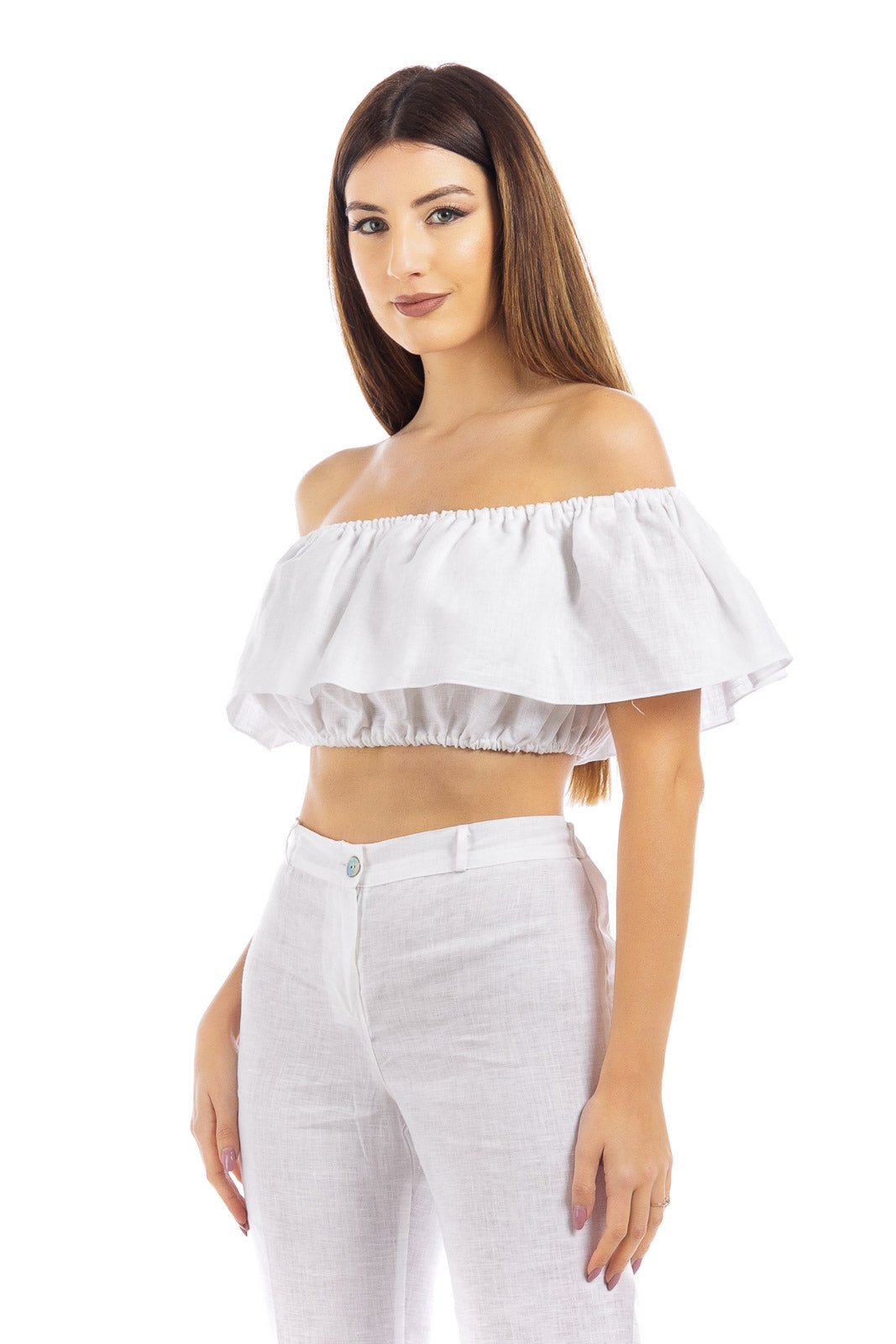 Plain Linen Off-Shoulder Crop Top