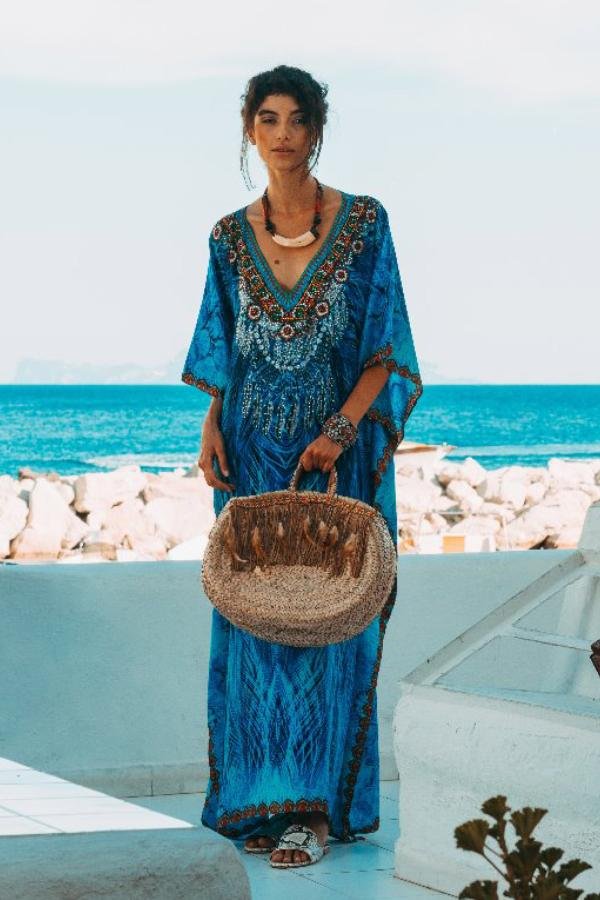 FAB-LKS1- Blue/Red- Luxury Women Pure Silk Long Kaftan - CAPRI LIFESTYLE READY MADE GARMENTS TRADING L.L.C