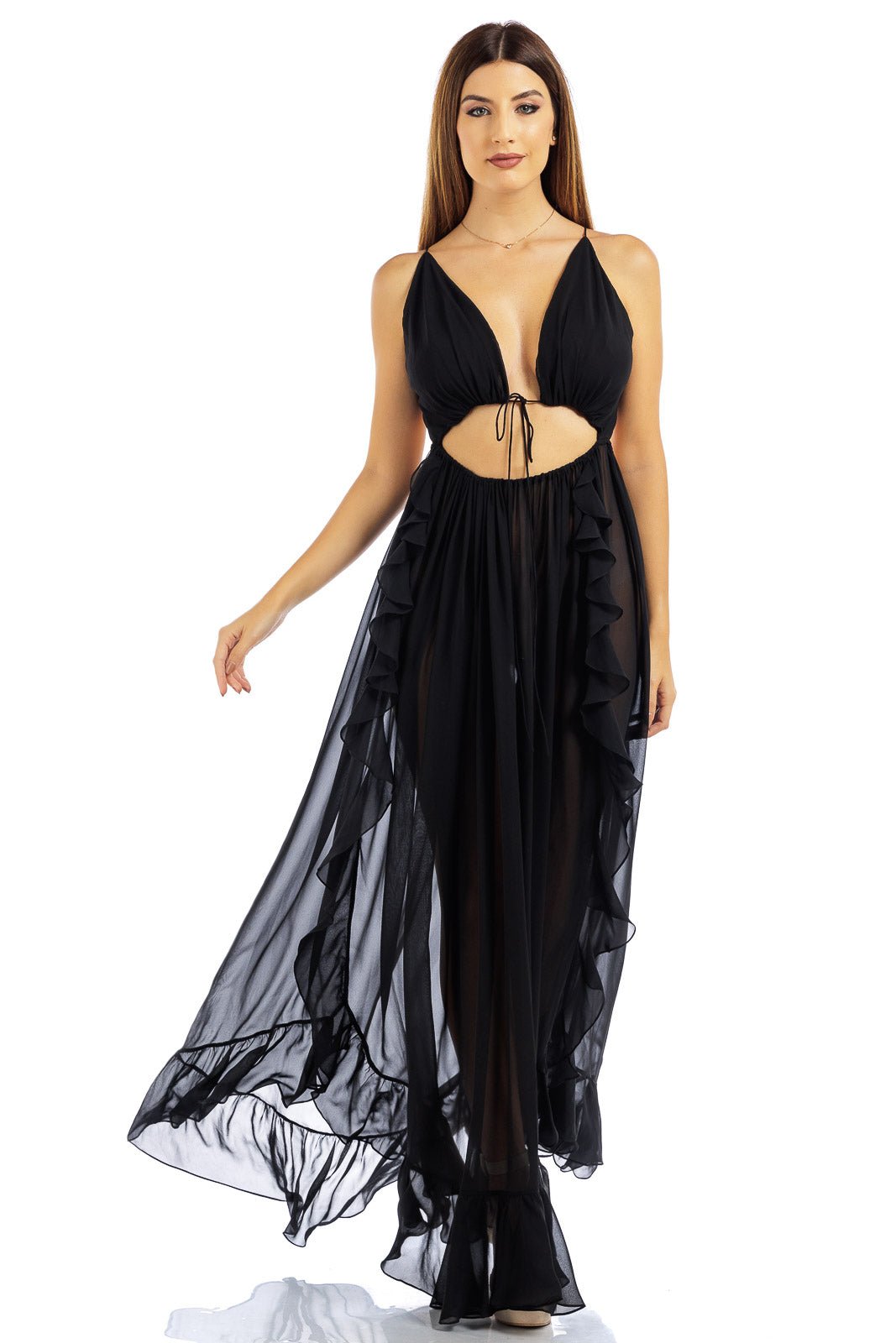 Maxi abito lungo in chiffon con scollo a V sexy