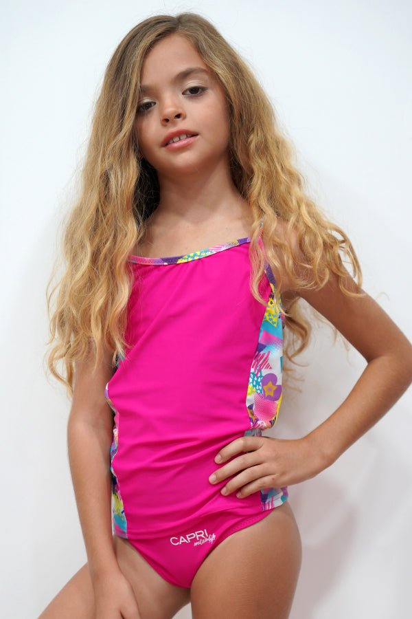 PST006-Girls Two Piece Swimsuit Printed Side Tankini Sets Swimwear - Popstar Mood - CAPRI LIFESTYLE READY MADE GARMENTS TRADING L.L.C