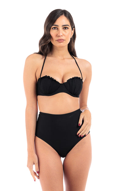 Black Plain high-waist two-piece bikini set