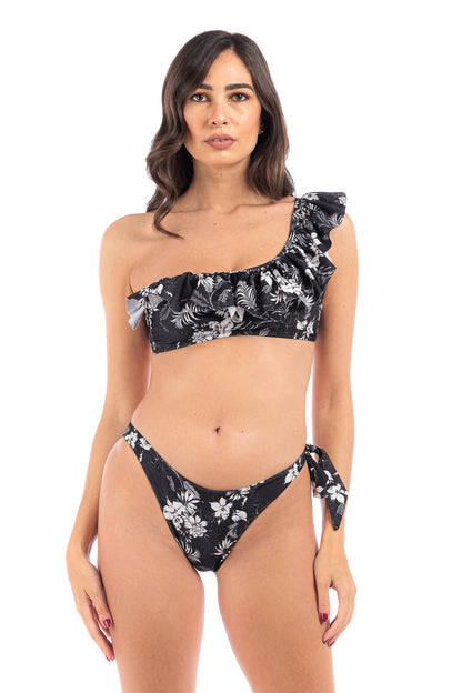 Black one-shoulder two-piece bikini set