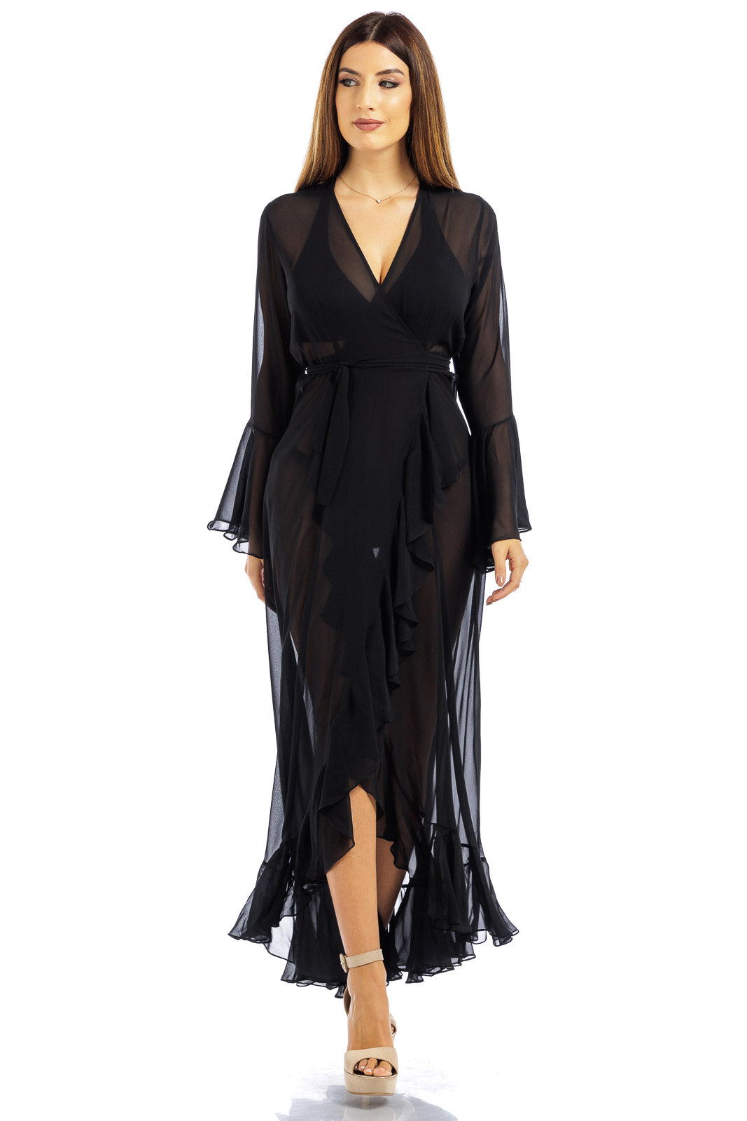 Black Plain Long Chiffon Wrap Around Dress