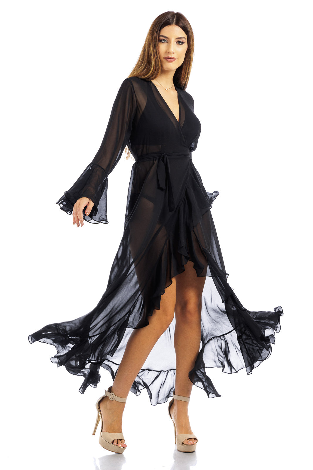 Black Plain Long Chiffon Wrap Around Dress