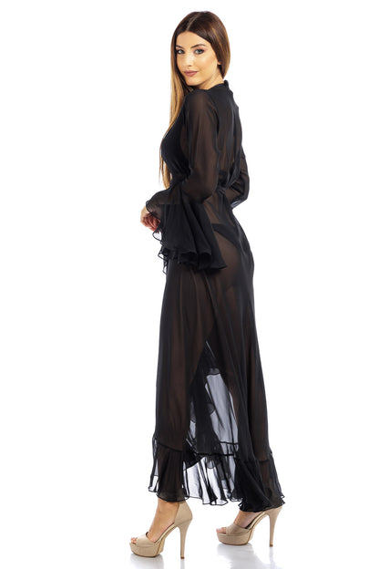 Black Plain Long Chiffon Wrap Around Dress