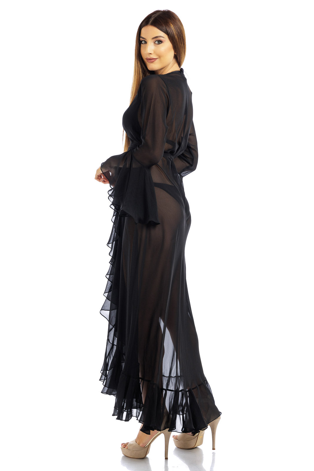 Black Plain Long Chiffon Wrap Around Dress