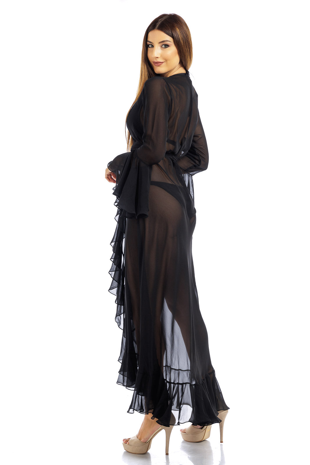 Black Plain Long Chiffon Wrap Around Dress