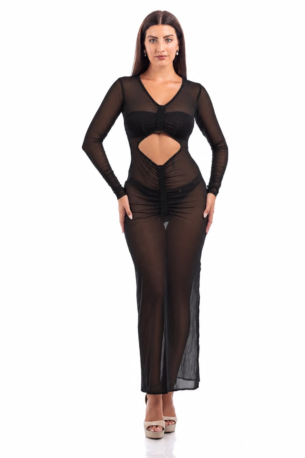 Capri Sheer Ruched Cut-Out Cover-Up