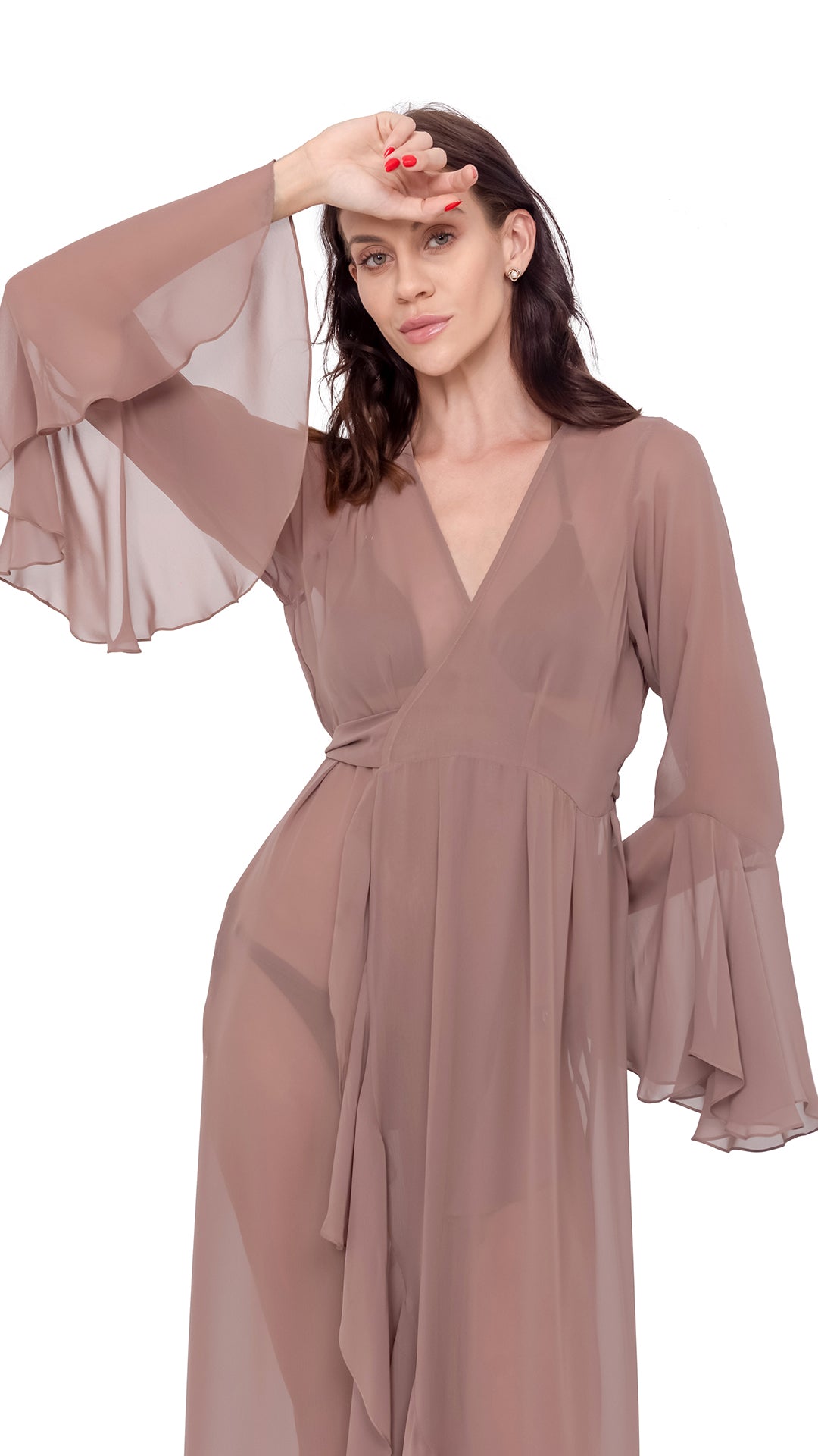 Beige Plain Long Chiffon Wrap Around Dress