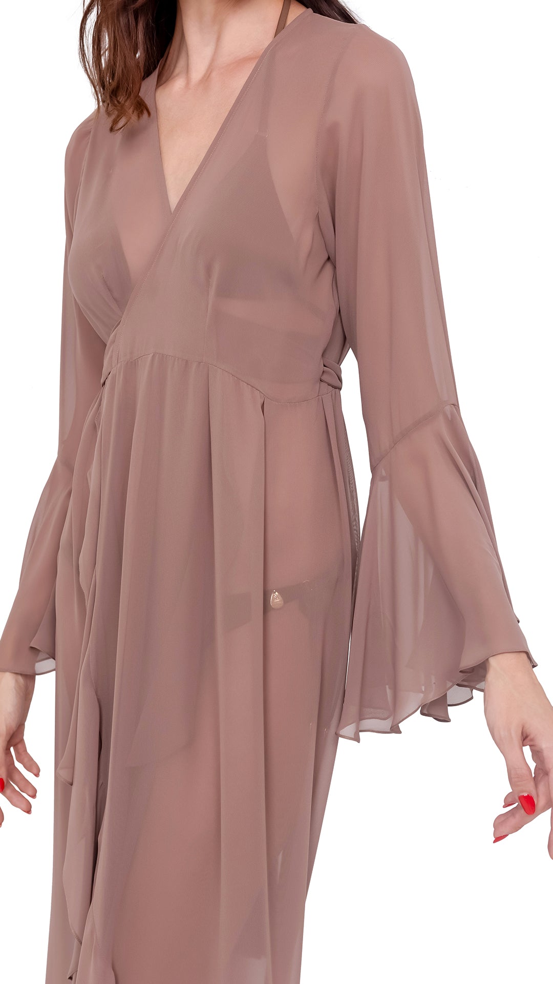 Beige Plain Long Chiffon Wrap Around Dress