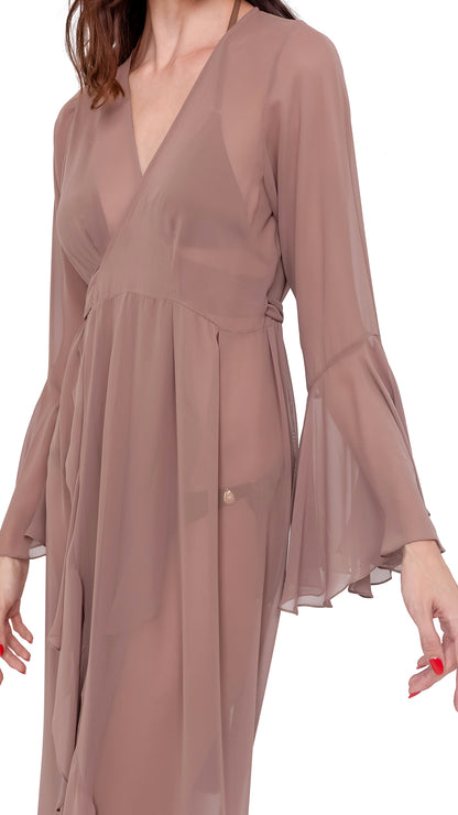 Beige Plain Long Chiffon Wrap Around Dress