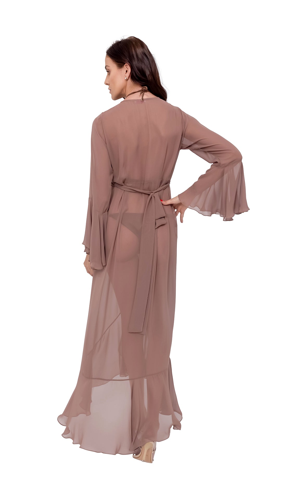 Beige Plain Long Chiffon Wrap Around Dress