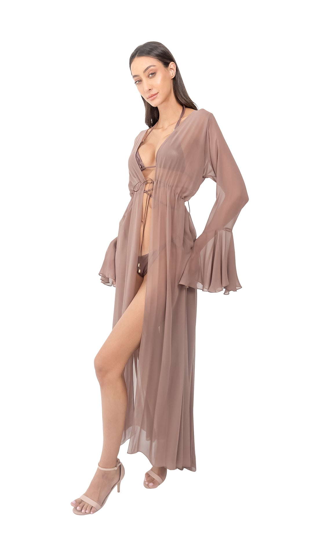 Beige Plain Silk Chiffon Long Coverup (with Flare Sleeves and Back Strings)