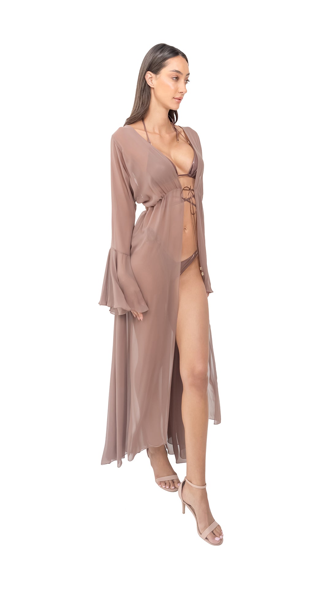 Beige Plain Silk Chiffon Long Coverup (with Flare Sleeves and Back Strings)