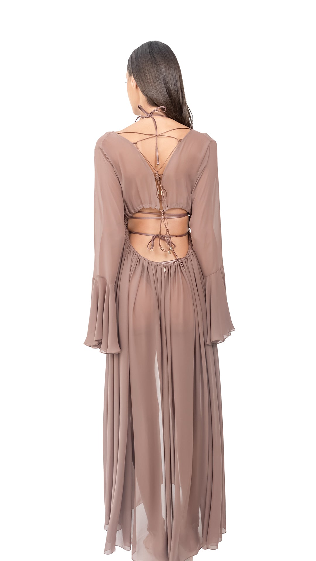 Beige Plain Silk Chiffon Long Coverup (with Flare Sleeves and Back Strings)