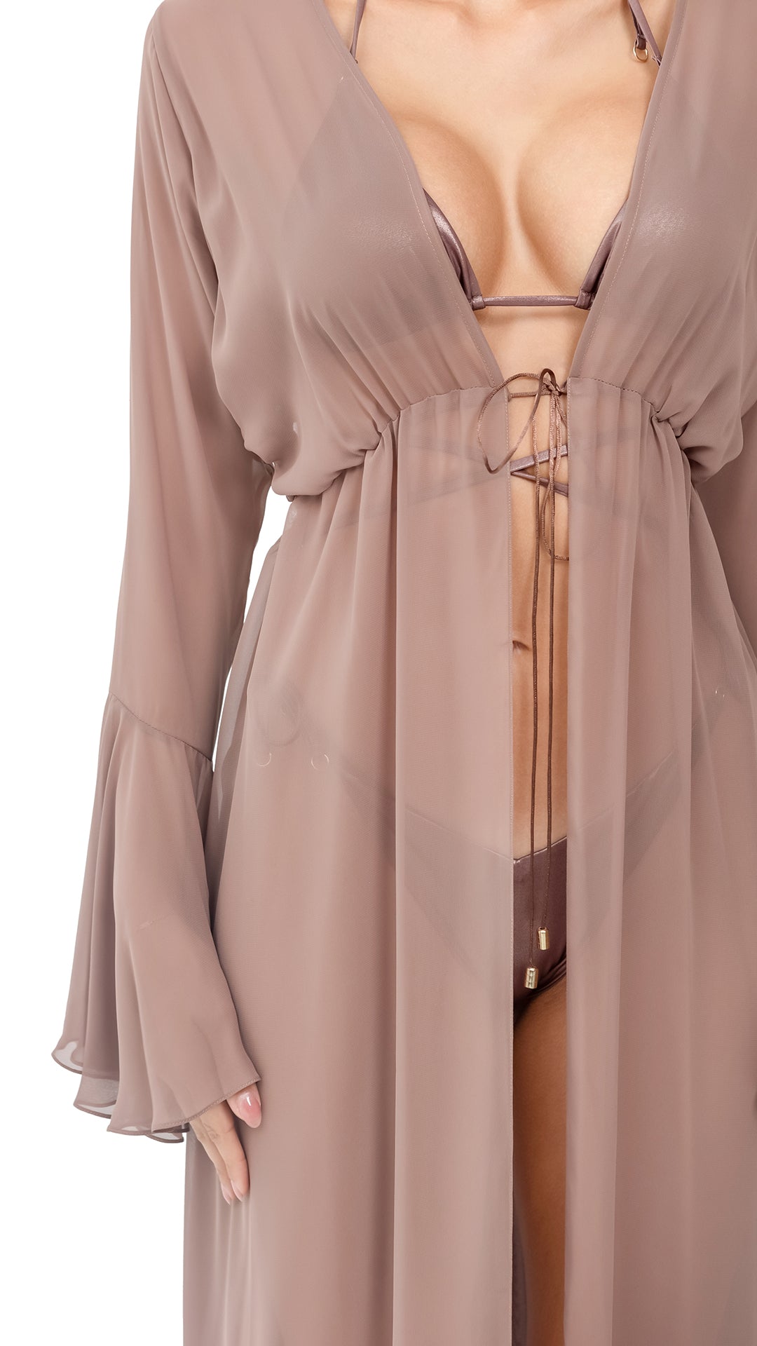 Beige Plain Silk Chiffon Long Coverup (with Flare Sleeves and Back Strings)