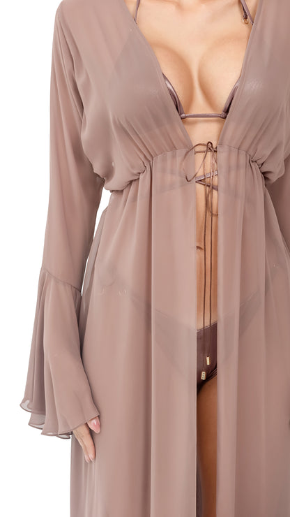 Beige Plain Silk Chiffon Long Coverup (with Flare Sleeves and Back Strings)