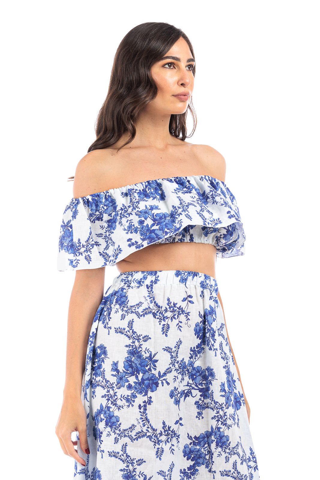 Linen Off-Shoulder Crop - Blue