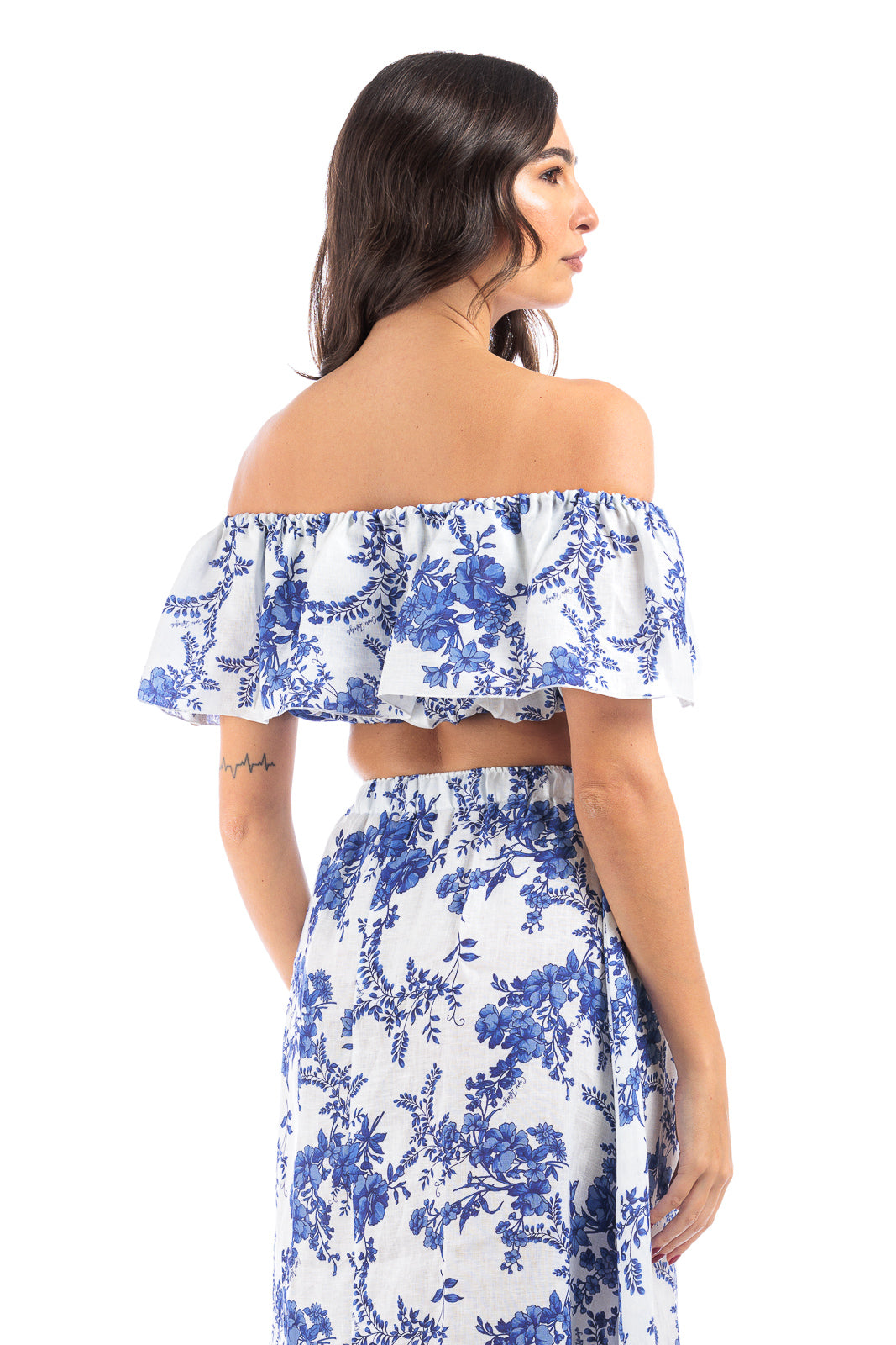 Linen Off-Shoulder Crop Top Blue