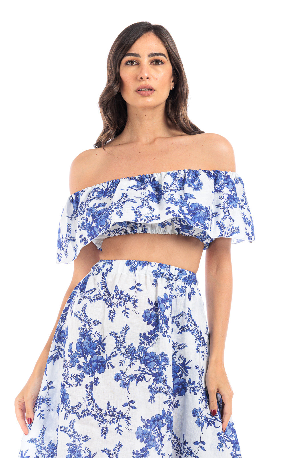 Linen Off-Shoulder Crop - Blue