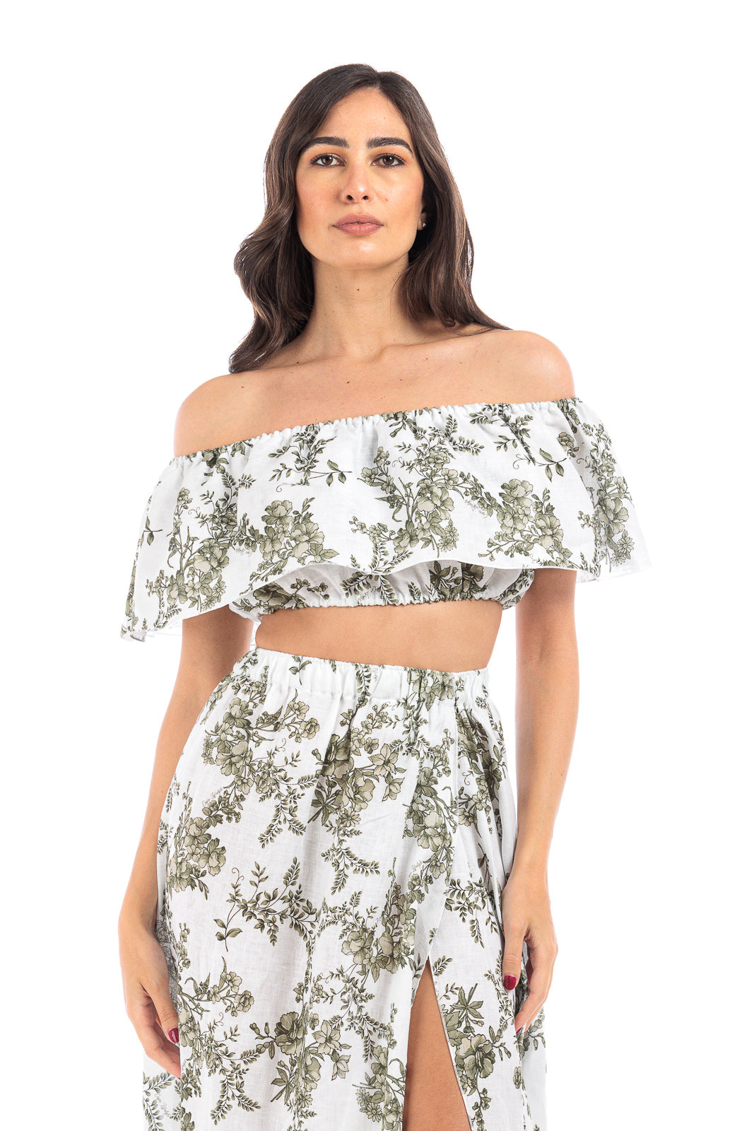 Linen Off-Shoulder Crop - Green