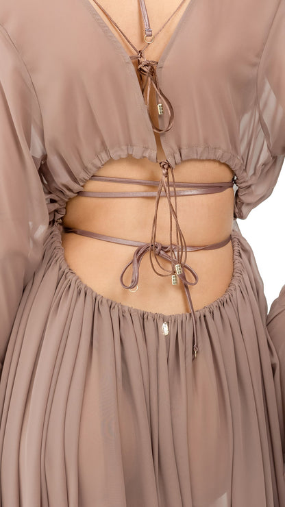 Beige Plain Silk Chiffon Long Coverup (with Flare Sleeves and Back Strings) - Dresses - by CAPRI LIFESTYLE