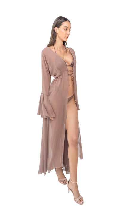 Beige Plain Silk Chiffon Long Coverup (with Flare Sleeves and Back Strings) - Dresses - by CAPRI LIFESTYLE