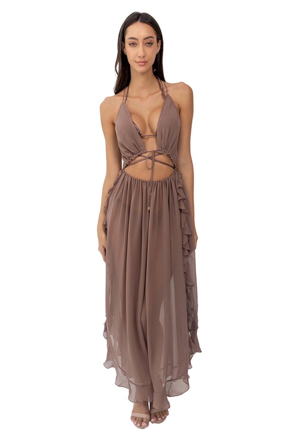 Beige Sexy Hallow Out V-Neck Chiffon Long Maxi Dress