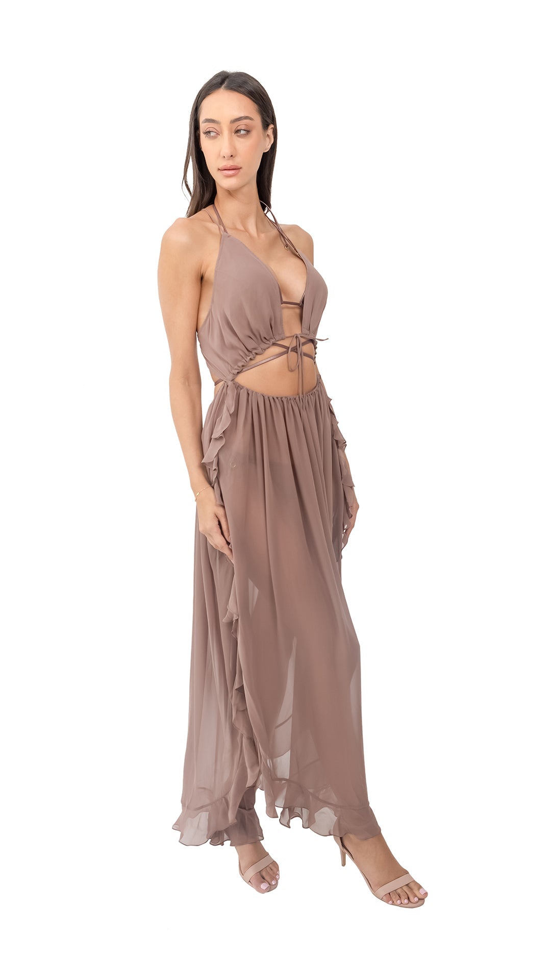 Beige Sexy Hallow Out V-Neck Chiffon Long Maxi Dress