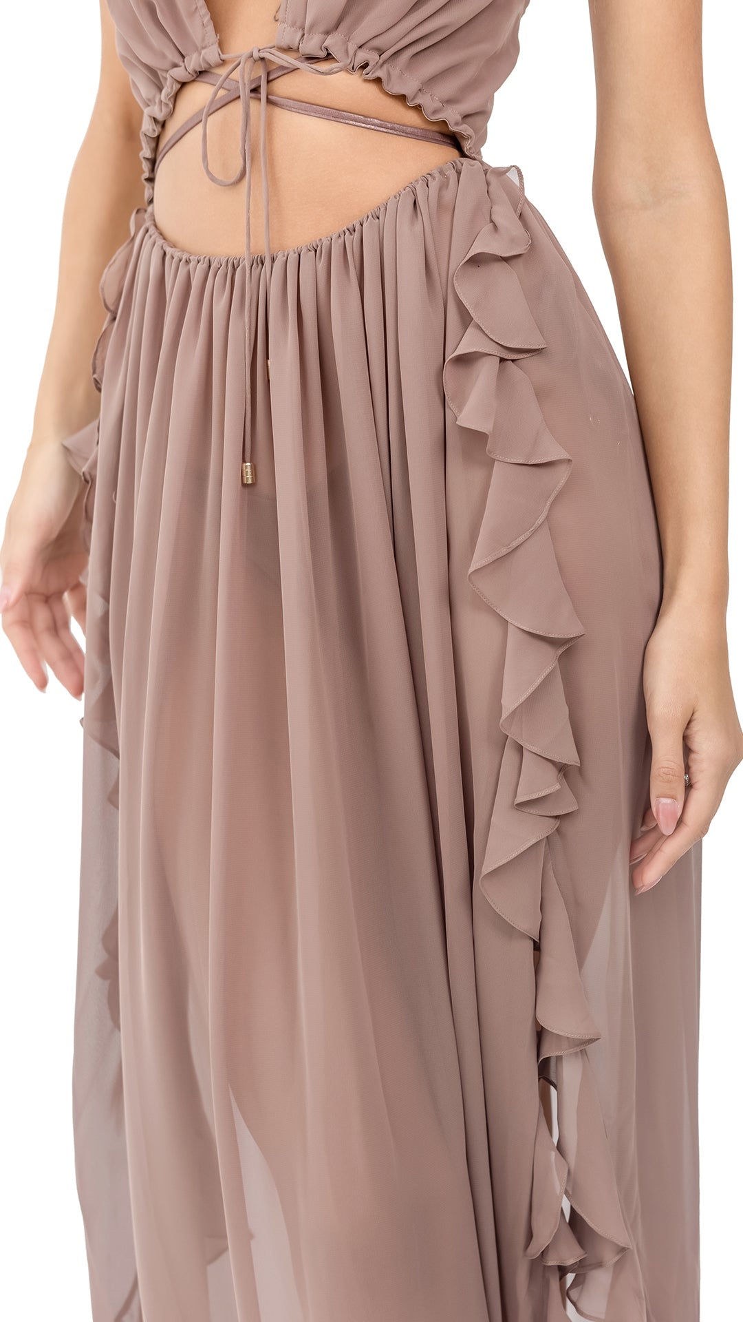 Beige Sexy Hallow Out V-Neck Chiffon Long Maxi Dress