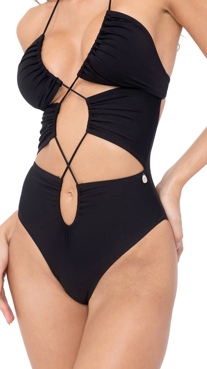 Black Plain Cut-Out Ruched Swimsuit by CAPRI LIFESTYLE