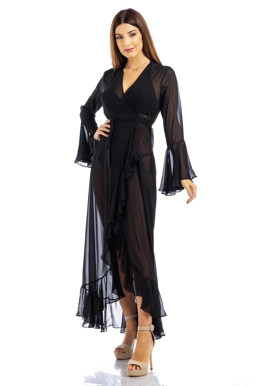 Black Plain Long Chiffon Wrap Around Dress - Dresses - by CAPRI LIFESTYLE