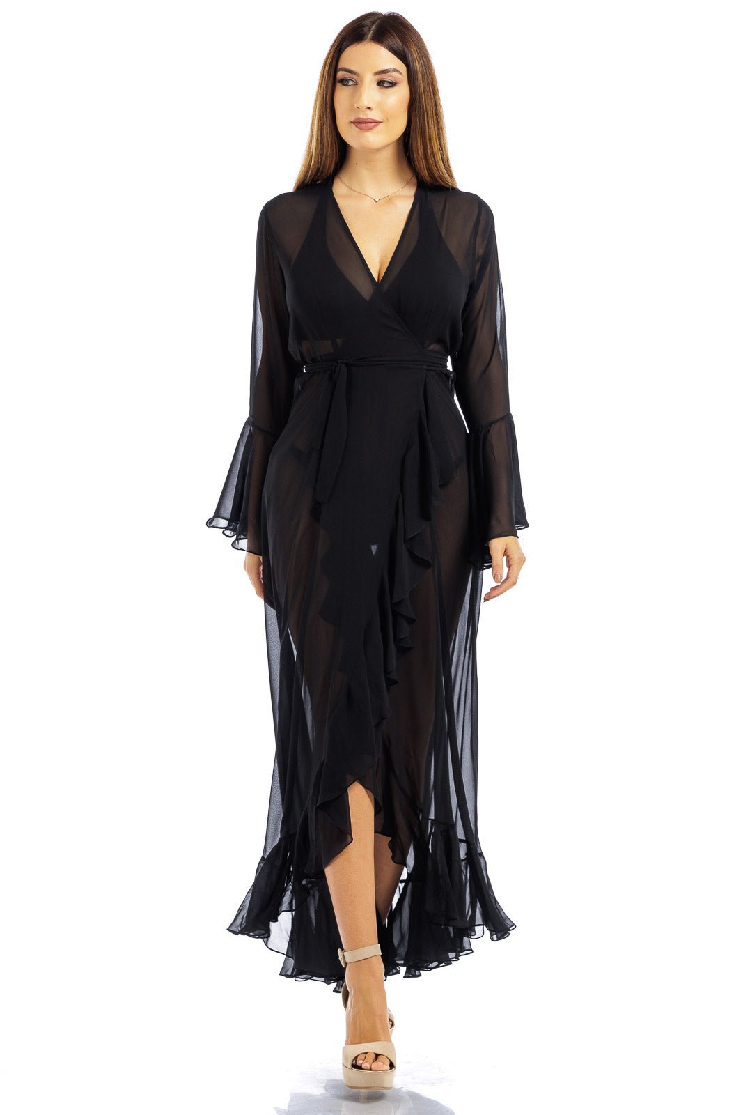 Black Plain Long Chiffon Wrap Around Dress - Dresses - by CAPRI LIFESTYLE