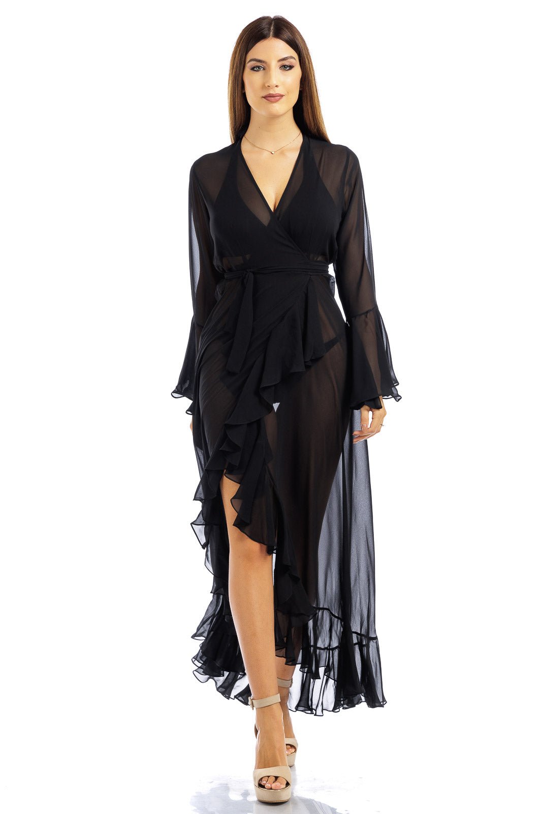 Black Plain Long Chiffon Wrap Around Dress - Dresses - by CAPRI LIFESTYLE