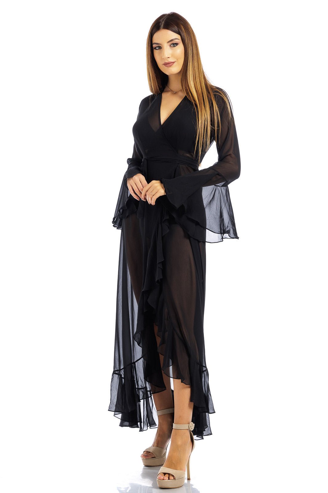 Black Plain Long Chiffon Wrap Around Dress - Dresses - by CAPRI LIFESTYLE