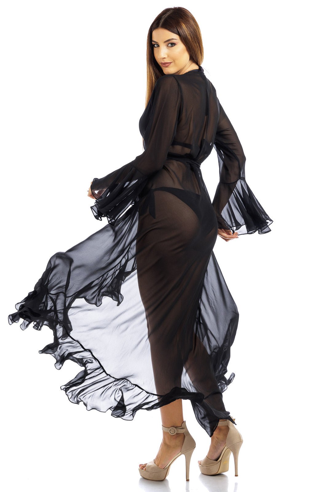 Black Plain Long Chiffon Wrap Around Dress - Dresses - by CAPRI LIFESTYLE