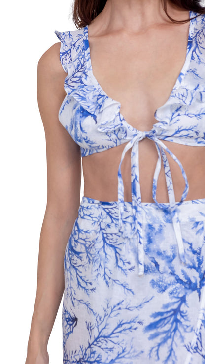 Blue Coral Reef Print Blouse, Ruffles, Criss-Cross Back, Tie - Beach Collection - Dresses - by CAPRI LIFESTYLE