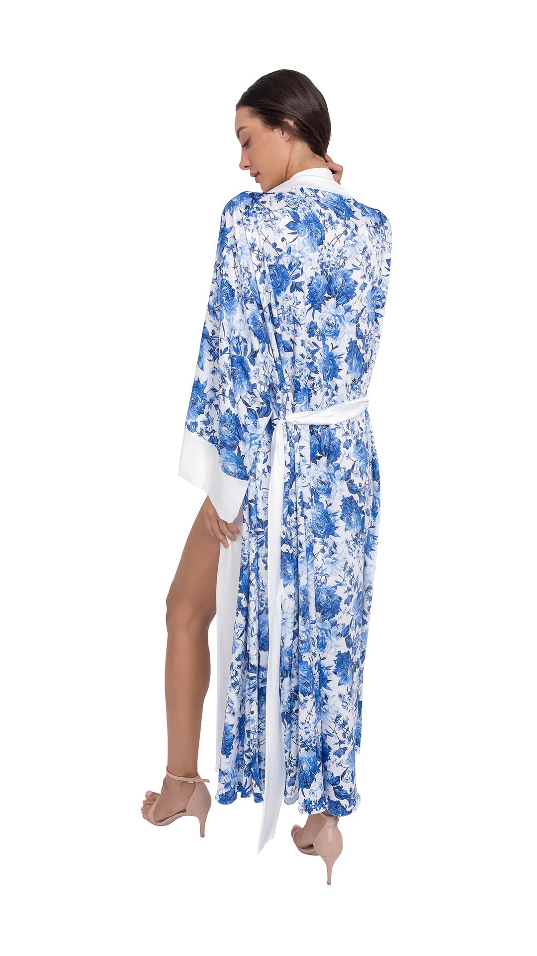 Blue Floral Pure Satin Fiori Robe