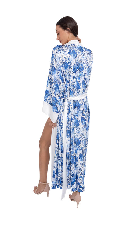 Blue Floral Pure Satin Fiori Robe